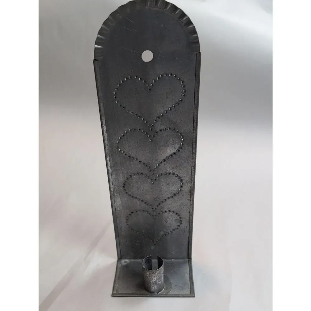 Vintage Handcrafted Gray Metal Punched Tin Hearts Wall Candle Sconce